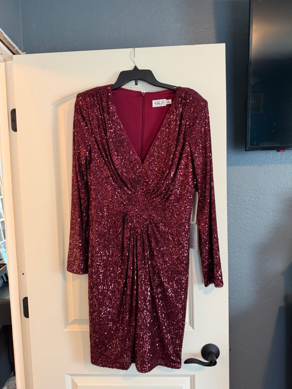 Eliza J Burgundy Sequin Long Sleeve V-Neck Dress